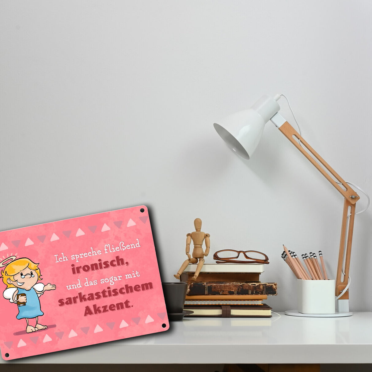 Engel Metallschild in 15x20 cm mit Spruch- Ich spreche Ironie mit Sarkasmus-Akzent