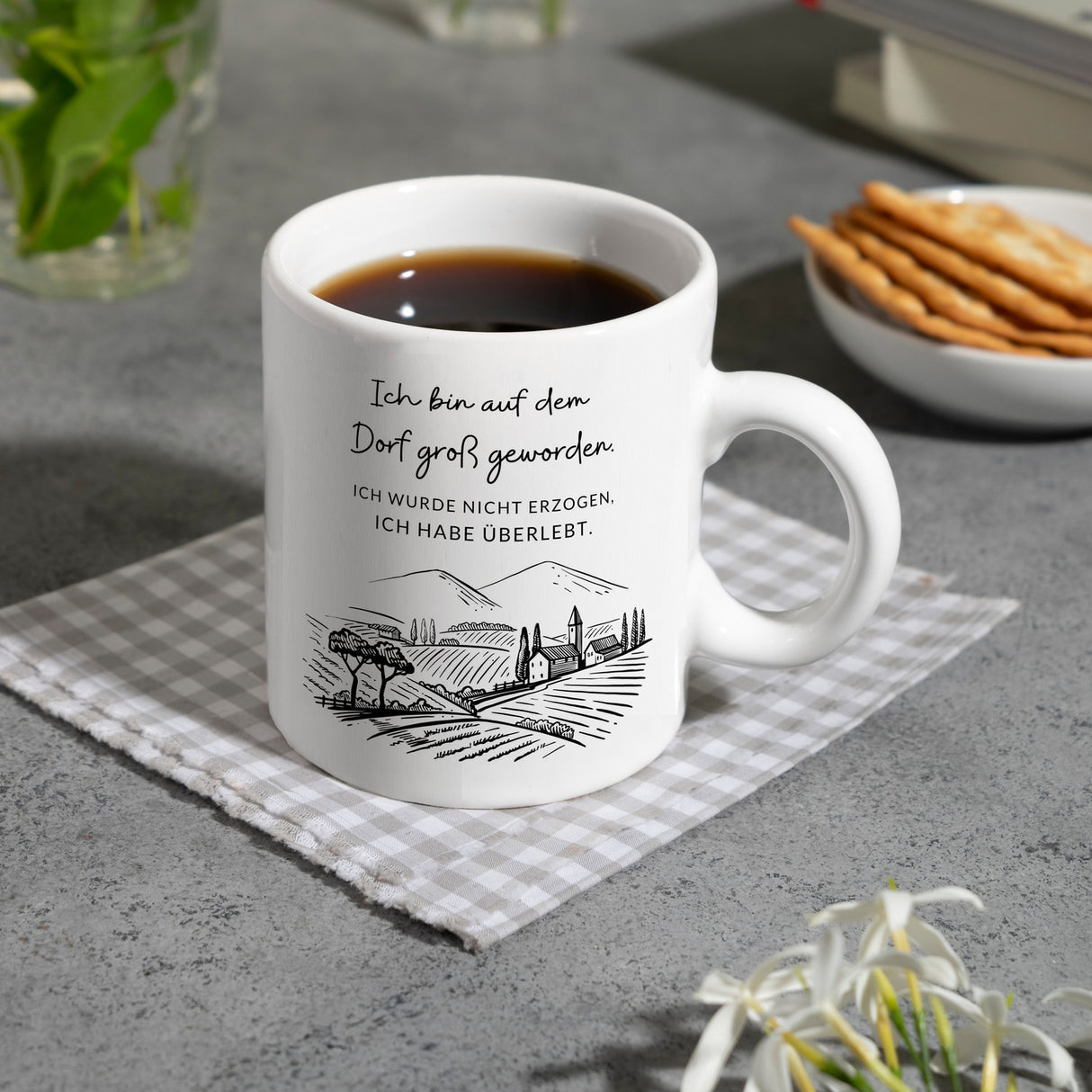 Ich bin auf dem Dorf groß geworden Kaffeebecher mit Spruch