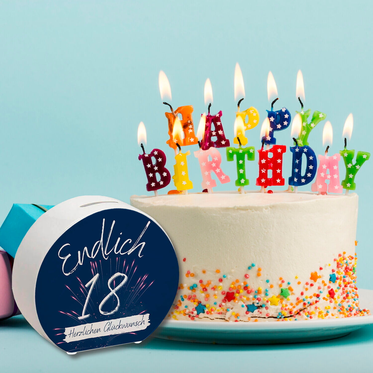 Endlich 18 Spardose mit Spruch Herzlichen Glückwunsch