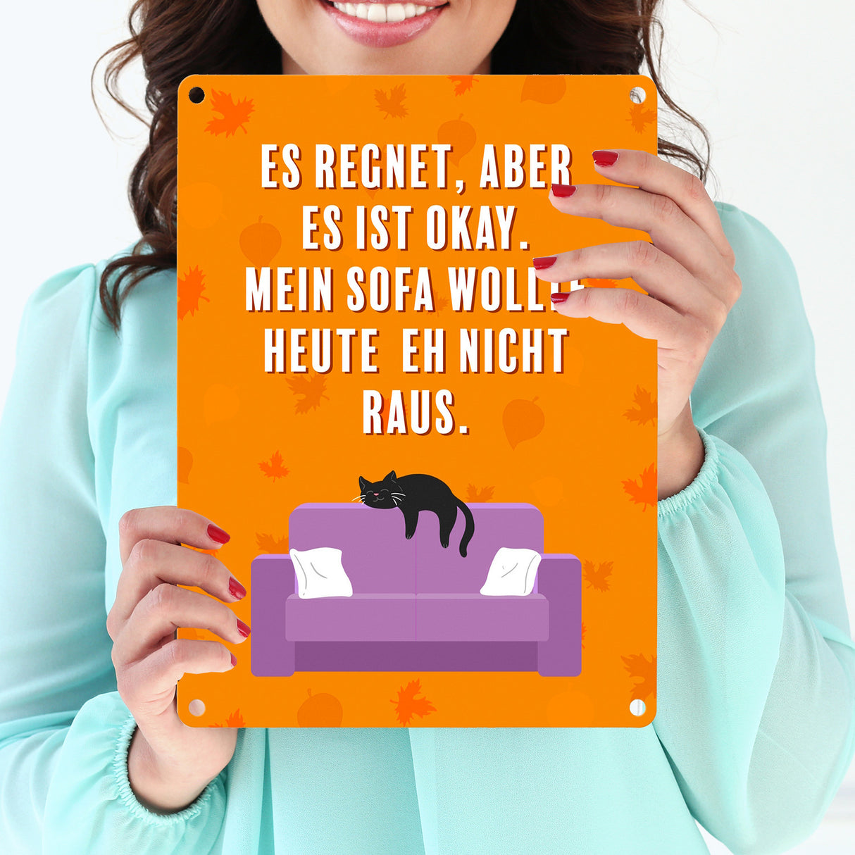 Faule Katze Metallschild in 15x20 cm mit Spruch Es regnet mein Sofa wollte nicht raus