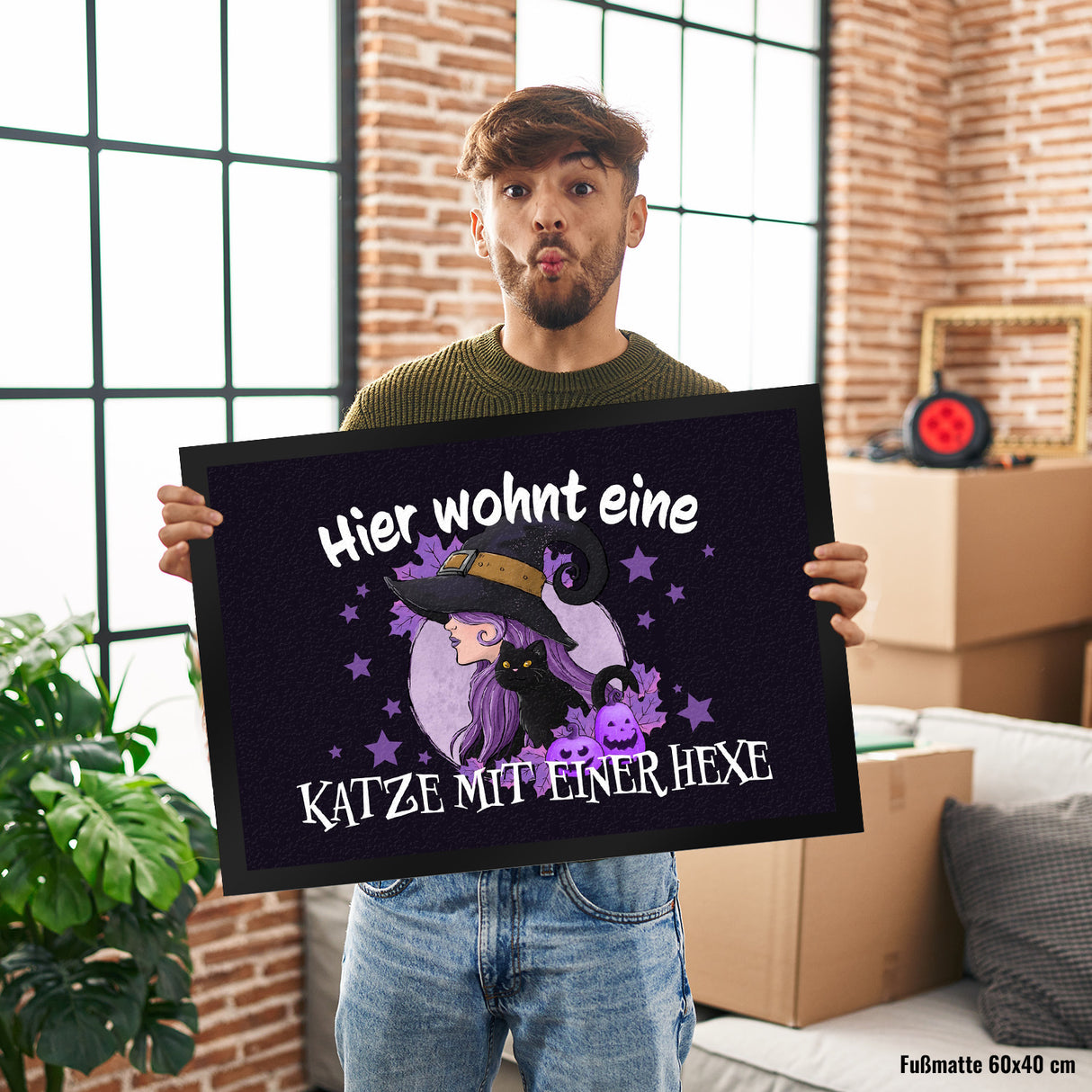 Hexerei Fußmatte in 35x50 cm mit Spruch - Hier wohnt eine Katze und Hexe