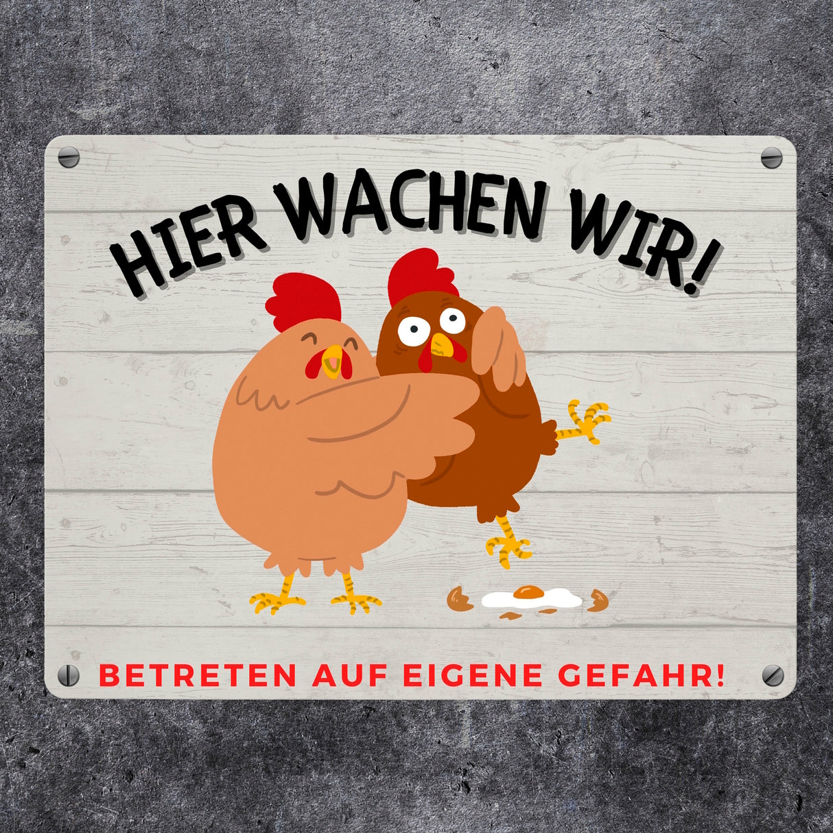 Hühner Metallschild in 15x20 cm mit Spruch Hier wachen wir Betreten auf eigene Gefahr