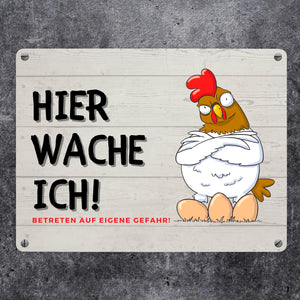Huhn mit Eiern Metallschild in 15x20 cm mit Spruch Hier wache ich! Betreten auf eigene Gefahr