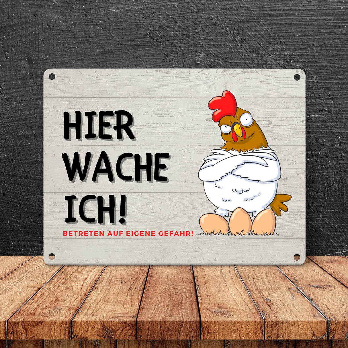 Huhn mit Eiern Metallschild in 15x20 cm mit Spruch Hier wache ich! Betreten auf eigene Gefahr