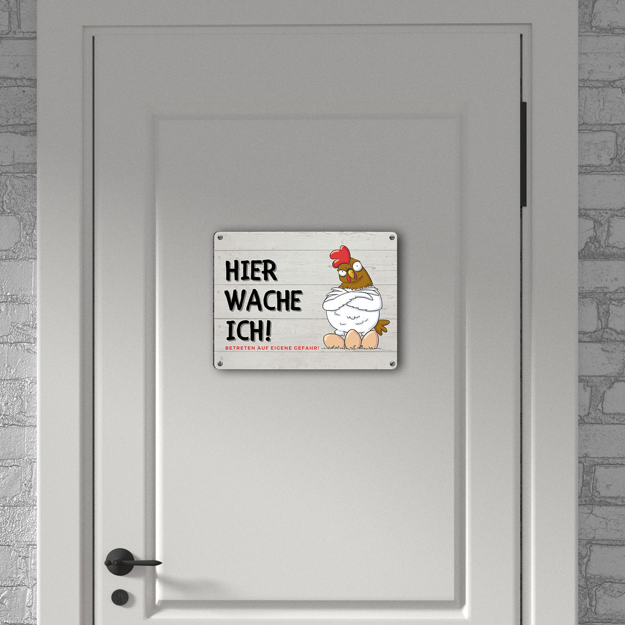 Huhn mit Eiern Metallschild in 15x20 cm mit Spruch Hier wache ich! Betreten auf eigene Gefahr