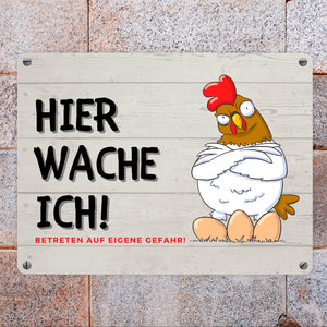 Huhn mit Eiern Metallschild in 15x20 cm mit Spruch Hier wache ich! Betreten auf eigene Gefahr