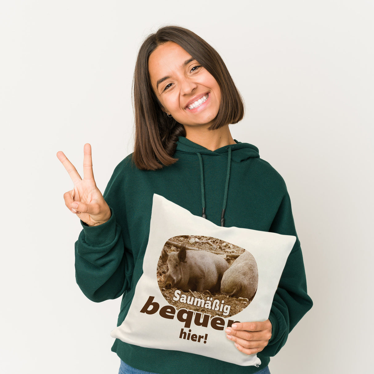 Schwein Kissen mit Spruch Saumäßig bequem hier!