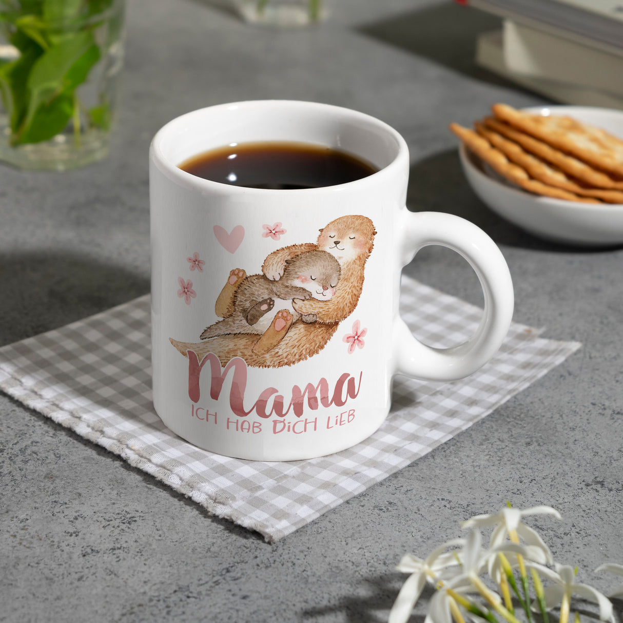 Otter Baby und Mutter Kaffeebecher mit Spruch Mama ich hab dich lieb