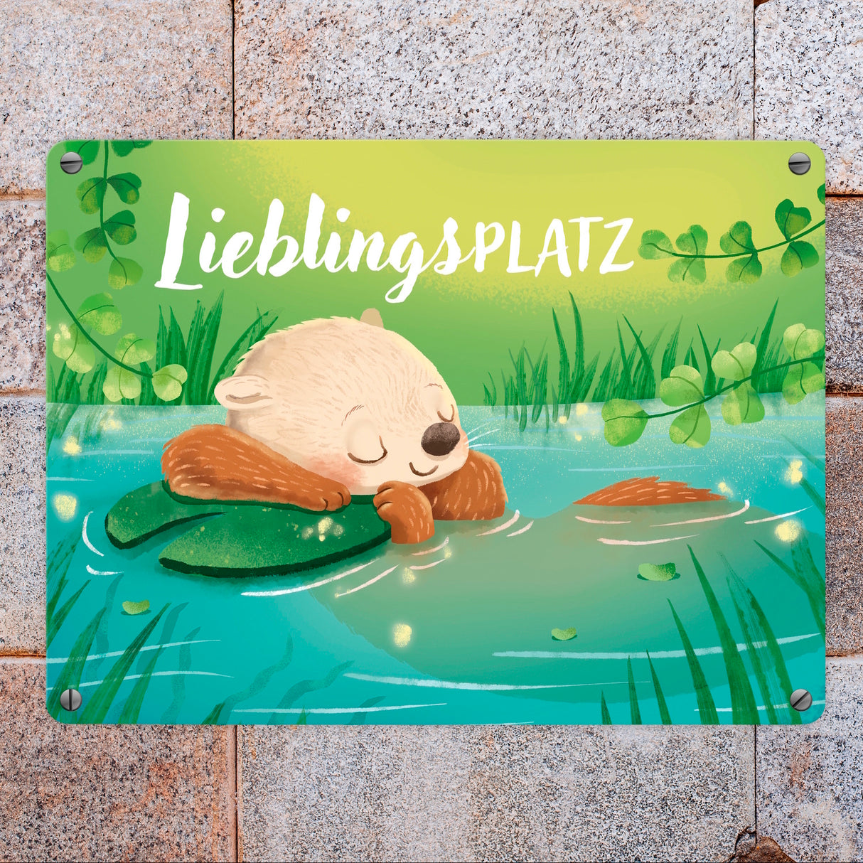 Schlafender Otter Metallschild in 15x20 cm mit Spruch Lieblingsplatz