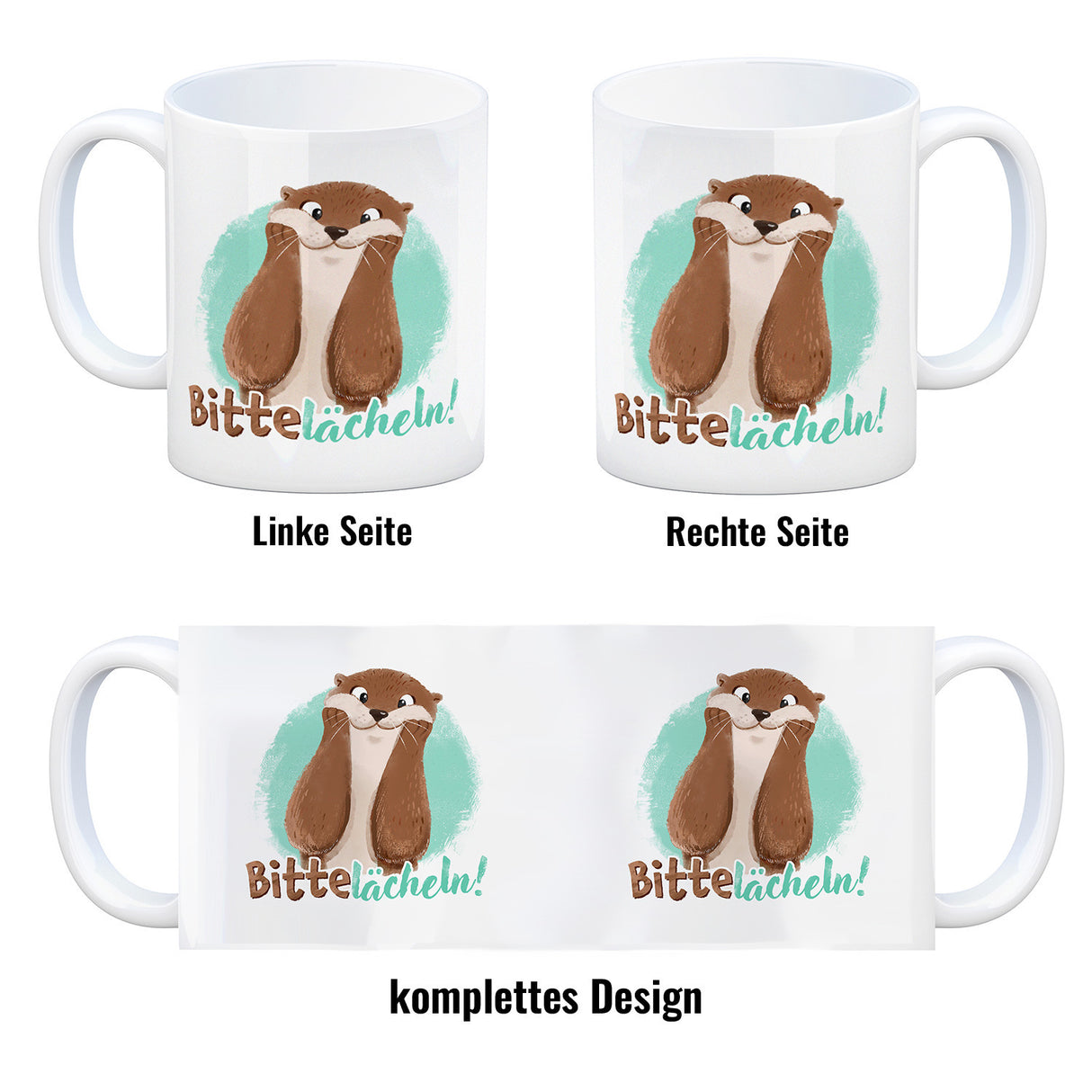 Lachender Otter Kaffeebecher mit Spruch Bitte lächeln