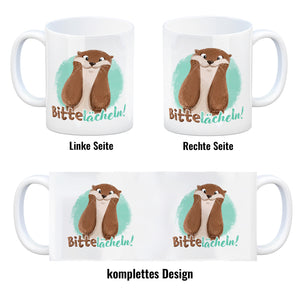 Lachender Otter Kaffeebecher mit Spruch Bitte lächeln