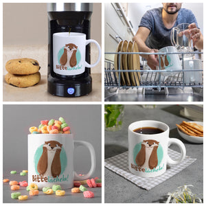 Lachender Otter Kaffeebecher mit Spruch Bitte lächeln