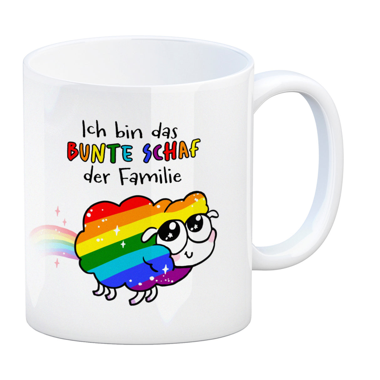 Das bunte Schaf der Familie in Pride-Farben Kaffeebecher mit Spruch