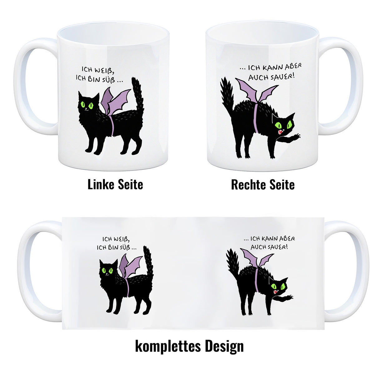 Schwarze Katze Kaffeebecher mit Spruch Ich weiß ich bin süß
