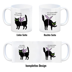 Schwarze Katze Kaffeebecher mit Spruch Ich weiß ich bin süß