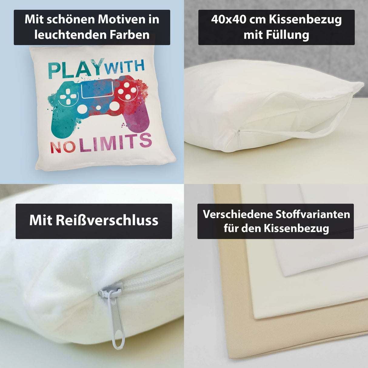 Game Controller Kissen mit Spruch Play with no limits