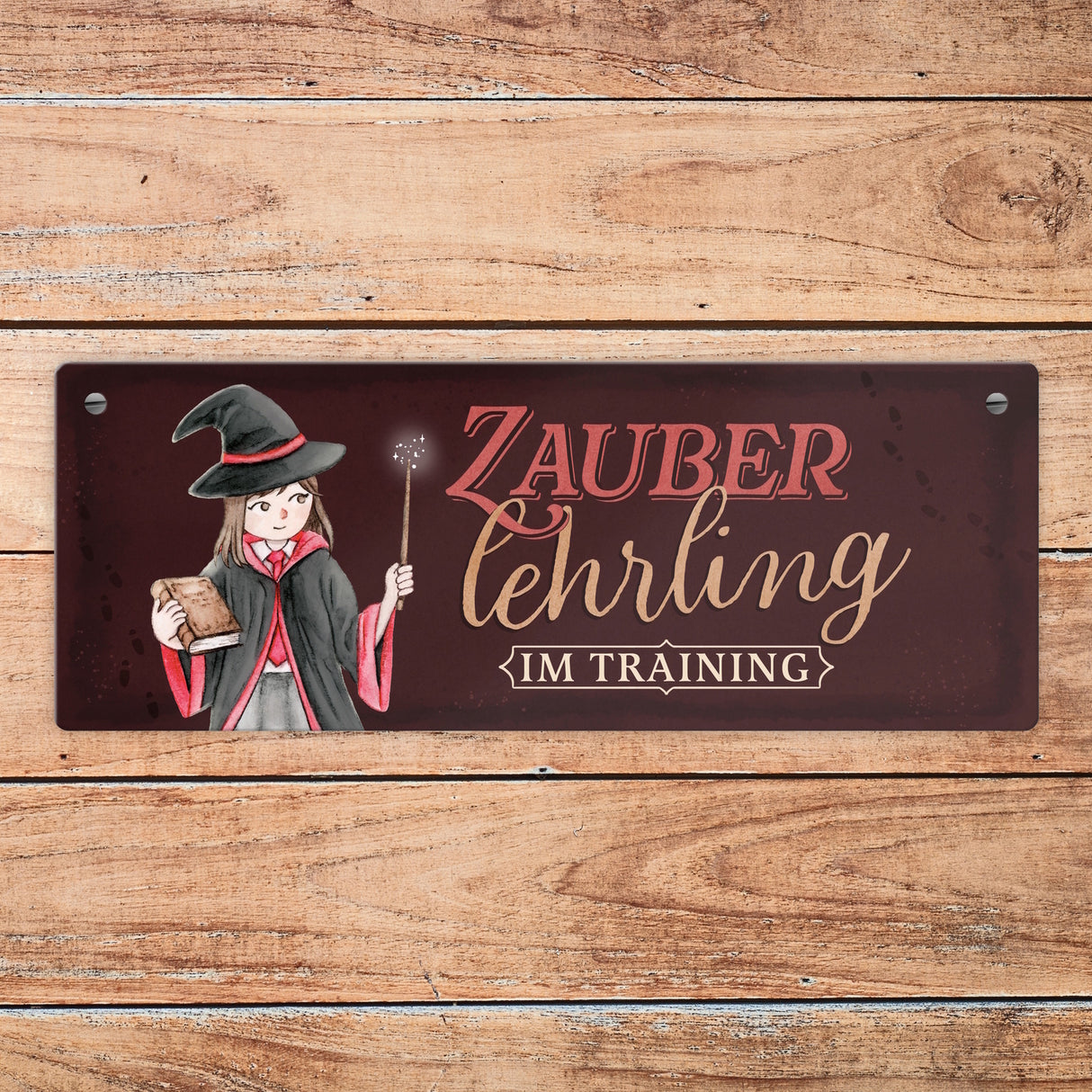 Zauberlehrling Metallschild mit Zauberschülerin mit dunklem Hintergrund