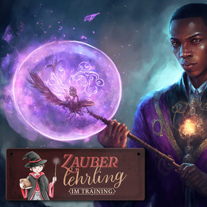 Zauberlehrling Metallschild mit Zauberschüler mit dunklem Hintergrund