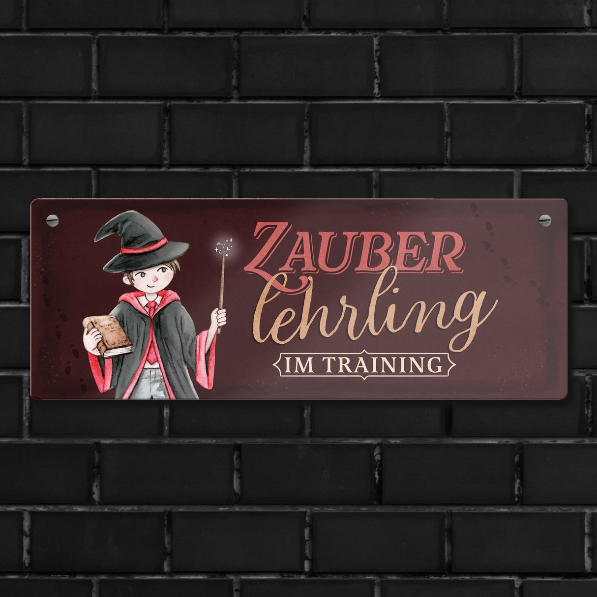 Zauberlehrling Metallschild mit Zauberschüler mit dunklem Hintergrund
