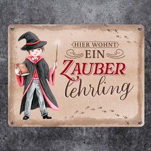 Zauberschüler Metallschild in 15x20 cm mit Spruch Hier wohnt ein Zauberlehrling