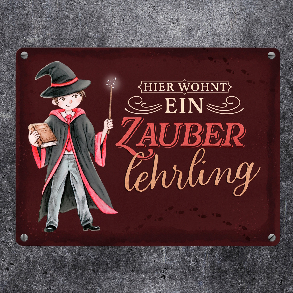 Zauberschüler Metallschild in 15x20 cm mit dunklem Hintergrund und Spruch
