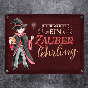 Zauberschüler Metallschild in 15x20 cm mit dunklem Hintergrund und Spruch