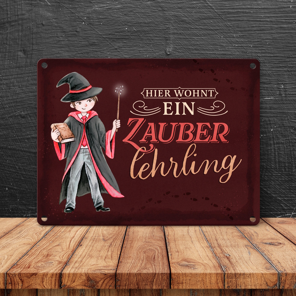 Zauberschüler Metallschild in 15x20 cm mit dunklem Hintergrund und Spruch