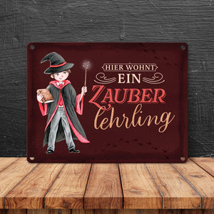 Zauberschüler Metallschild in 15x20 cm mit dunklem Hintergrund und Spruch