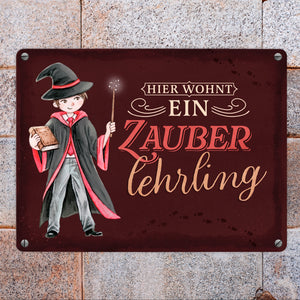 Zauberschüler Metallschild in 15x20 cm mit dunklem Hintergrund und Spruch