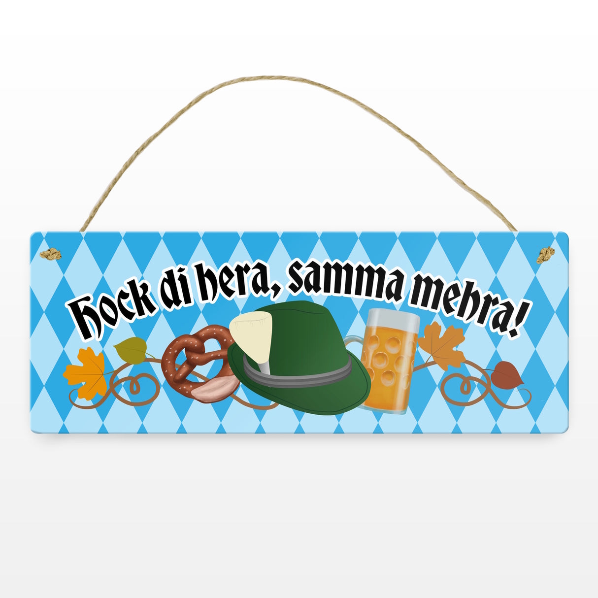 Hock di hera, samma mehra Metallschild mit Bier und Brezel