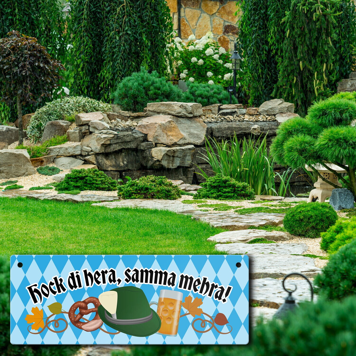 Hock di hera, samma mehra Metallschild mit Bier und Brezel