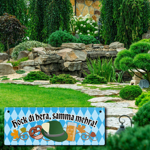 Hock di hera, samma mehra Metallschild mit Bier und Brezel