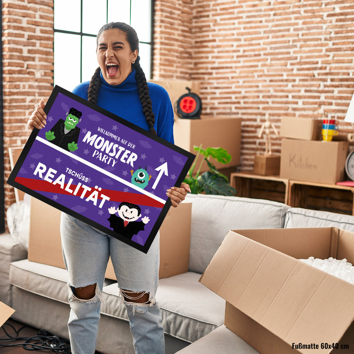 Willkommen auf der Monsterparty Ortsschild Fußmatte in 35x50 cm mit Spruch