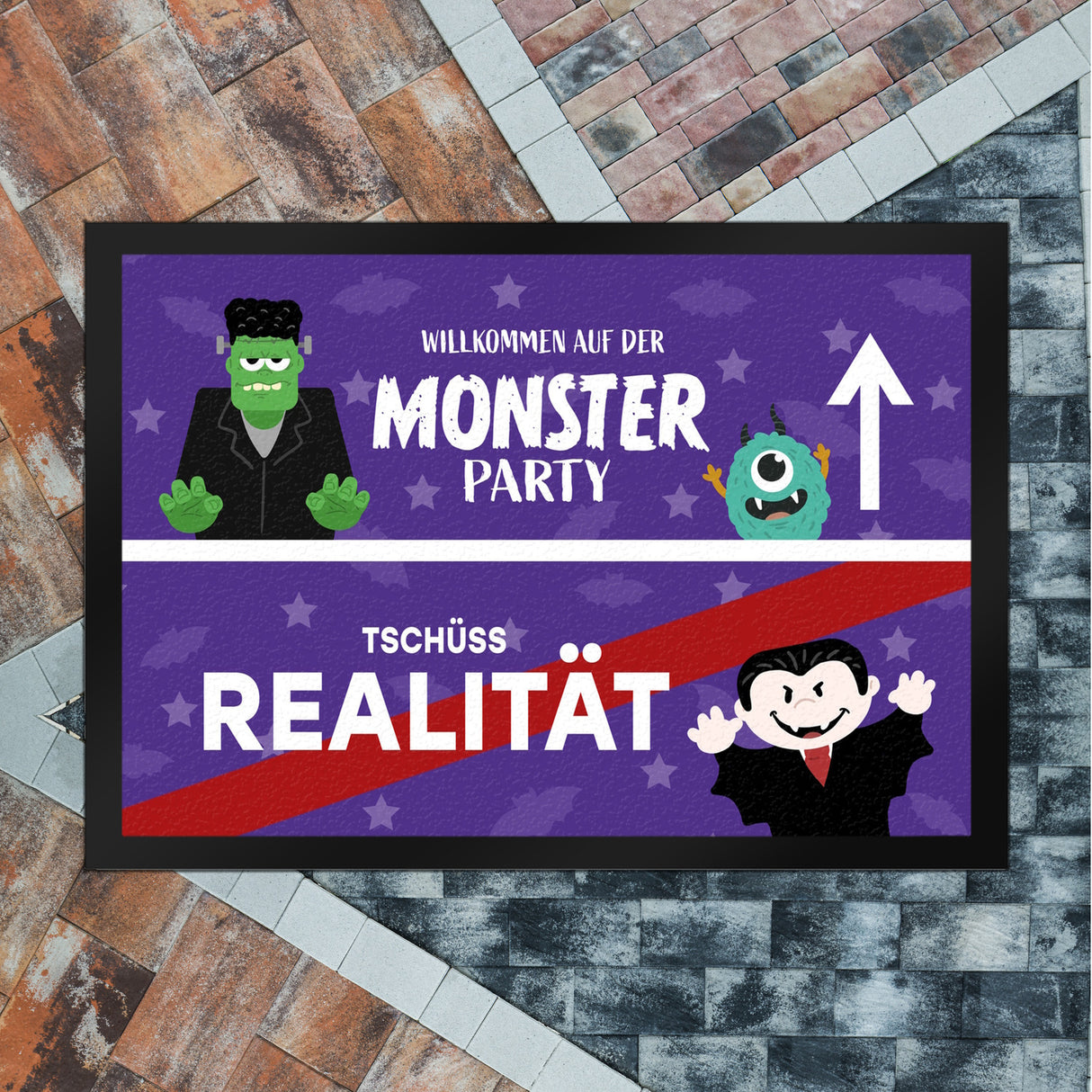 Willkommen auf der Monsterparty Ortsschild Fußmatte in 35x50 cm mit Spruch