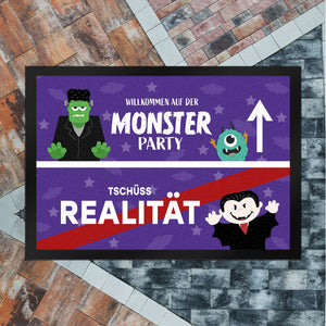 Willkommen auf der Monsterparty Ortsschild Fußmatte in 35x50 cm mit Spruch