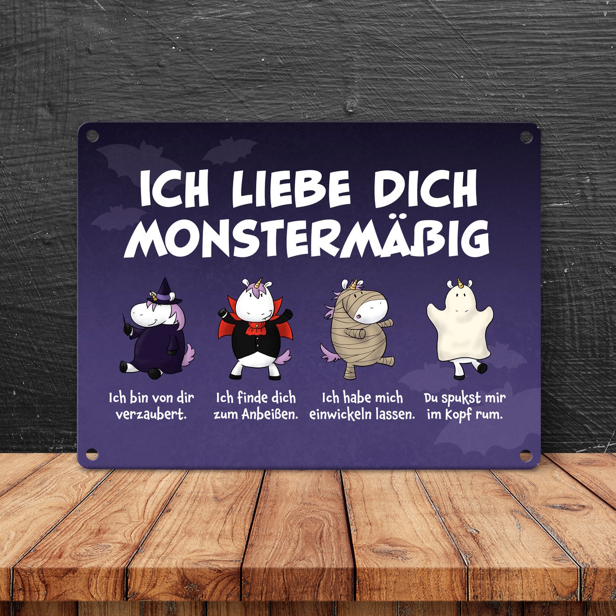 Einhorn-Monster Metallschild in 15x20 cm mit Spruch Ich liebe dich monstermäßig
