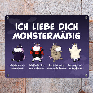 Einhorn-Monster Metallschild in 15x20 cm mit Spruch Ich liebe dich monstermäßig