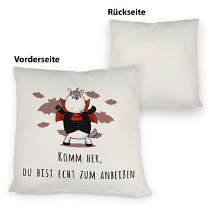 Einhorn-Vampir Kissen mit Spruch Du bist echt zum Anbeißen