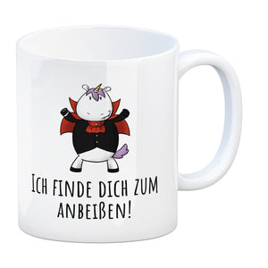 Einhorn-Vampir Kaffeebecher mit Spruch Ich finde dich zum Anbeißen