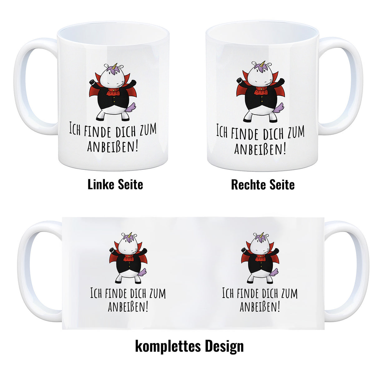 Einhorn-Vampir Kaffeebecher mit Spruch Ich finde dich zum Anbeißen