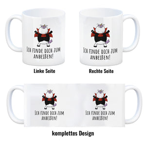Einhorn-Vampir Kaffeebecher mit Spruch Ich finde dich zum Anbeißen