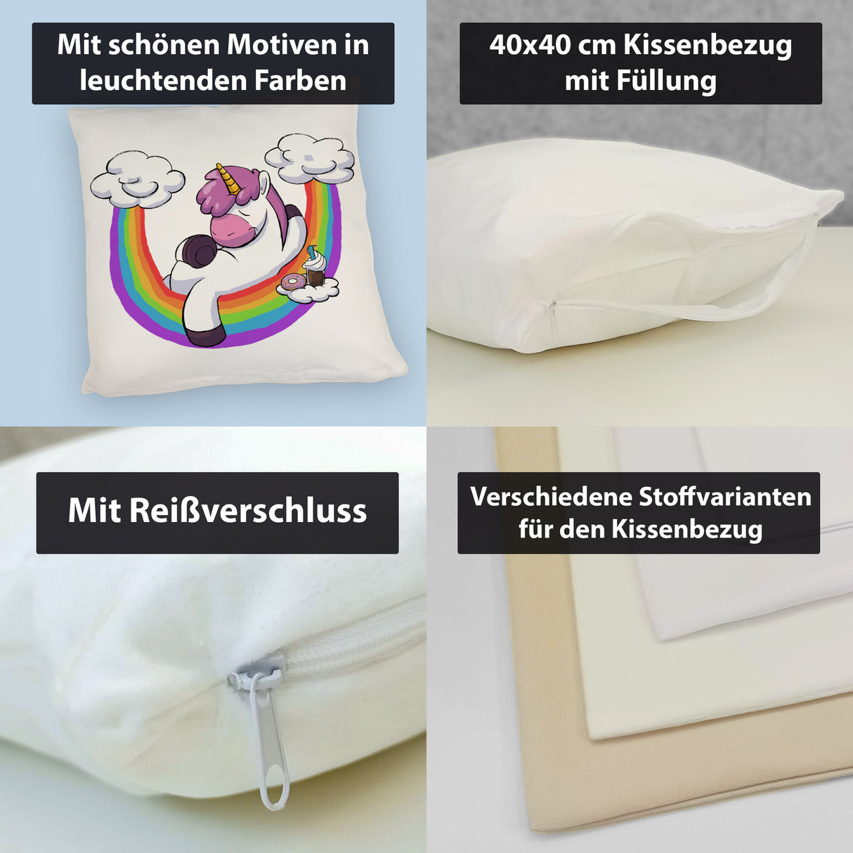 Schlafendes Einhorn Kissen mit Regenbogen