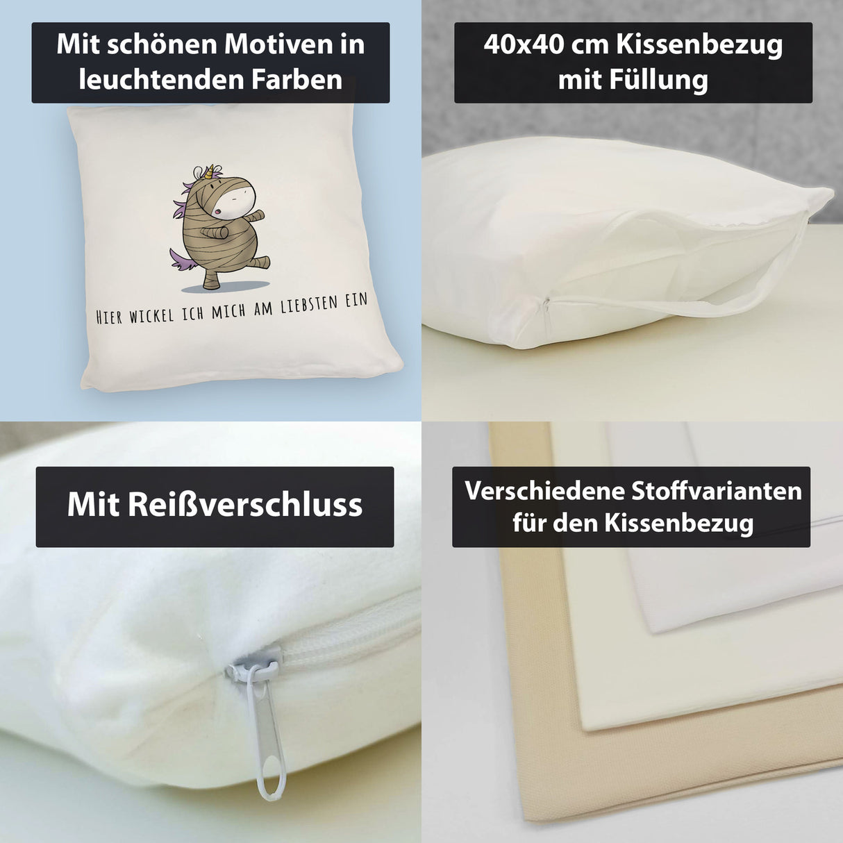 Einhorn-Mumie Kissen mit Spruch Hier wickel ich mich am liebsten ein