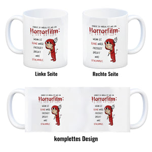 Teufelchen Kaffeebecher mit Spruch Kinder zu haben ist wie ein Horrorfilm