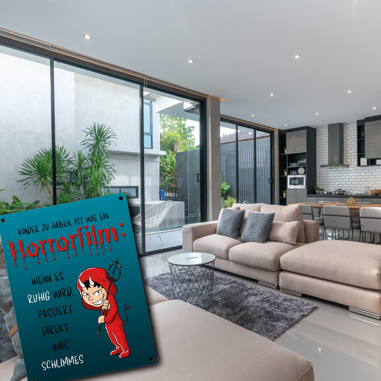 Teufelchen Metallschild in 15x20 cm mit Spruch Kinder zu haben ist wie ein Horrorfilm