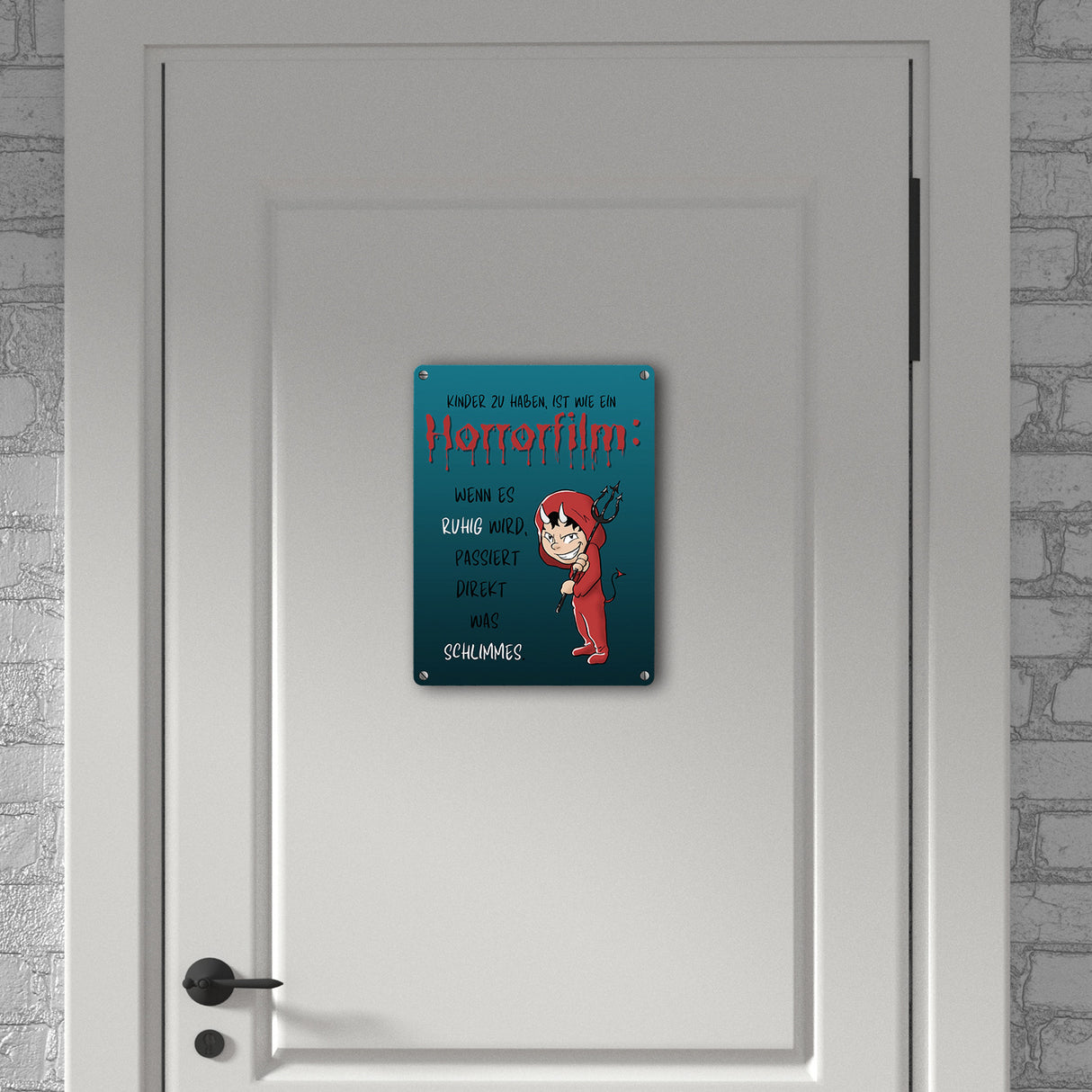 Teufelchen Metallschild in 15x20 cm mit Spruch Kinder zu haben ist wie ein Horrorfilm