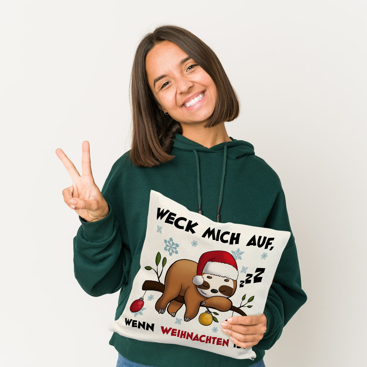 Faultier mit Zipfelmütze Kissen mit Spruch Wecken wenn Weihnachten ist