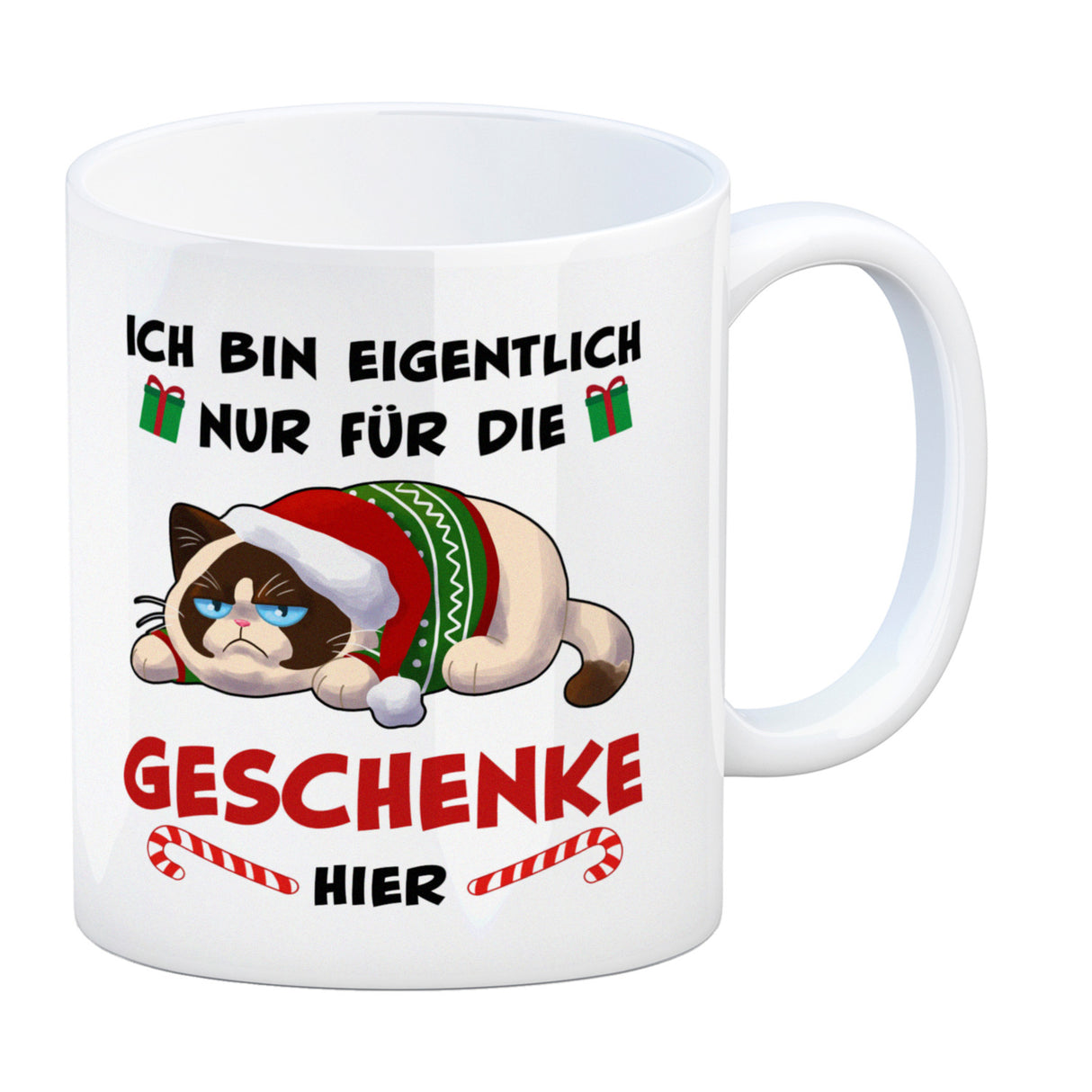 Grimmige Katze Kaffeebecher mit Spruch nur für die Geschenke hier