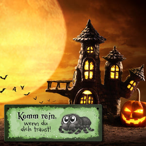 Komm rein wenn du dich traust Metallschild mit flauschiger Spinne
