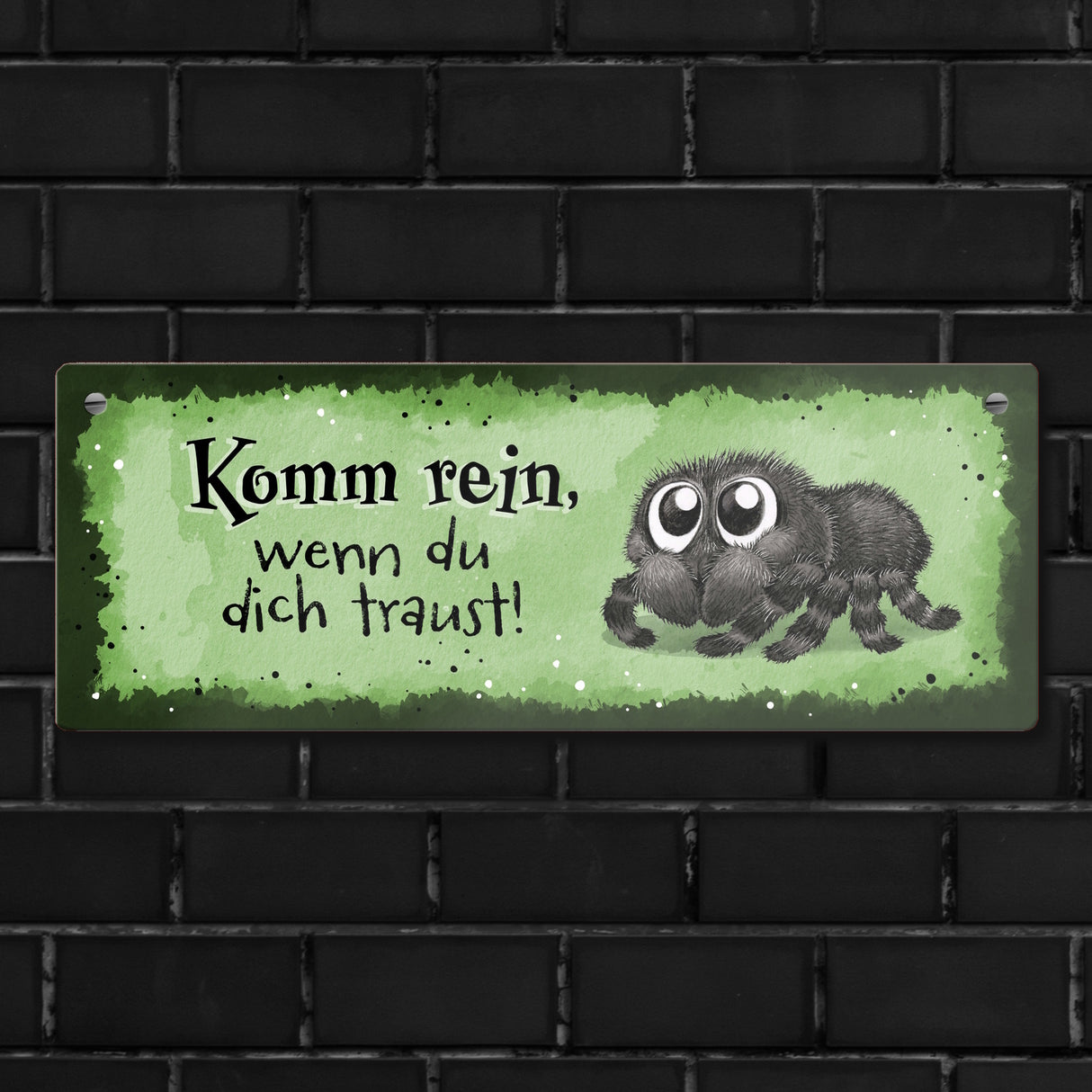 Komm rein wenn du dich traust Metallschild mit flauschiger Spinne